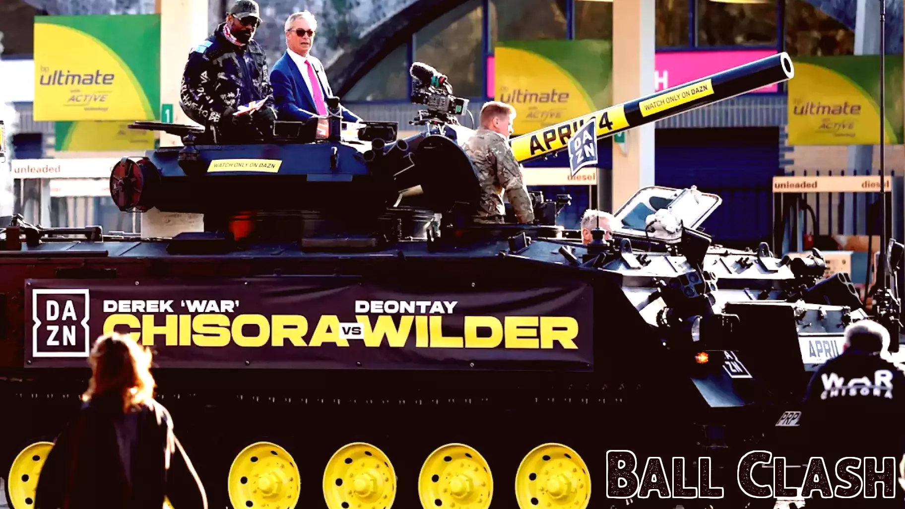 Chisora arrives to Wilder event in tank with Farage